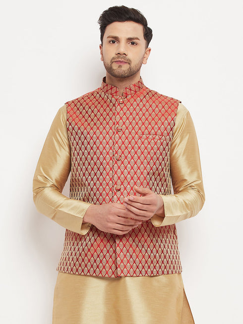 VASTRAMAY Men's Maroon Cotton Silk Blend Ethnic Jacket